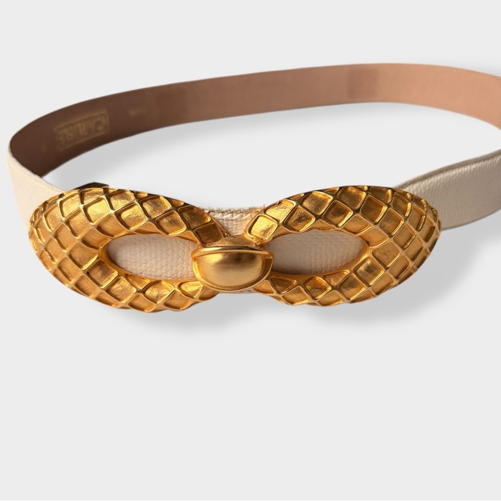 Carlisle Vintage 80s Belt Leather Karen Callan Brushed Gold Buckle Glam XS - Picture 2 of 14